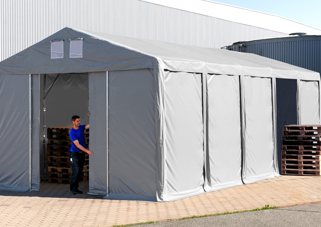 TOOLPORT Lagerzelt Industriezelt 6x8 m Zelthalle mit 3m Seitenhöhe in grau 550g/m² PVC Plane 100% Wasserdicht Ganzjahreszelt mit Reißverschlusstor 